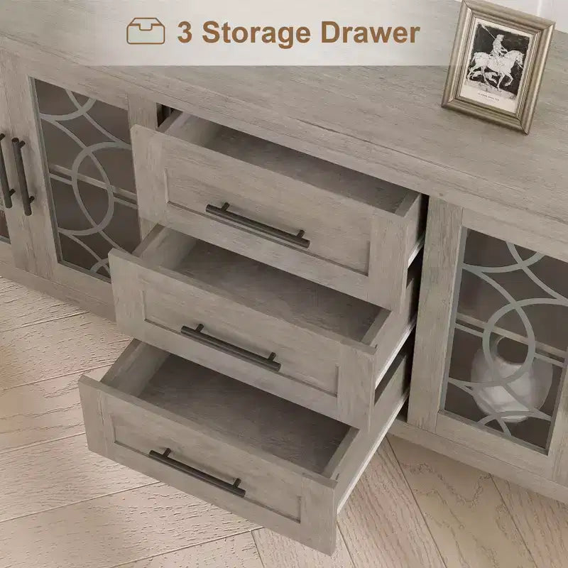 Farmhouse TV Stand for TVs up to 70 Inch, with Glass Doors, 2 Storage Cabinets and 3 Drawers, Console Table with Shelves for Bedroom and Living Room
