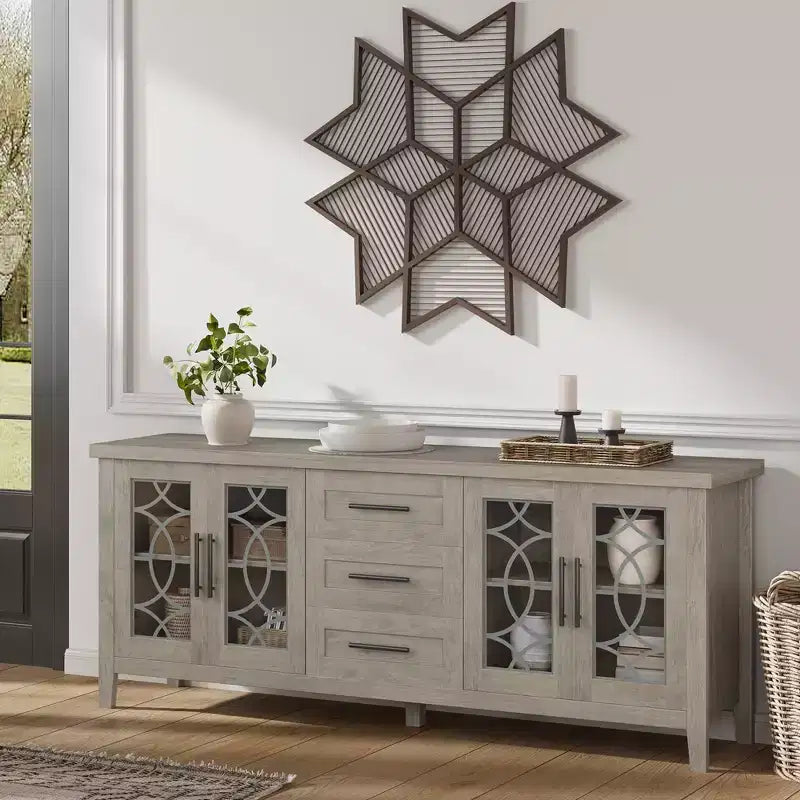 Farmhouse TV Stand for TVs up to 70 Inch, with Glass Doors, 2 Storage Cabinets and 3 Drawers, Console Table with Shelves for Bedroom and Living Room
