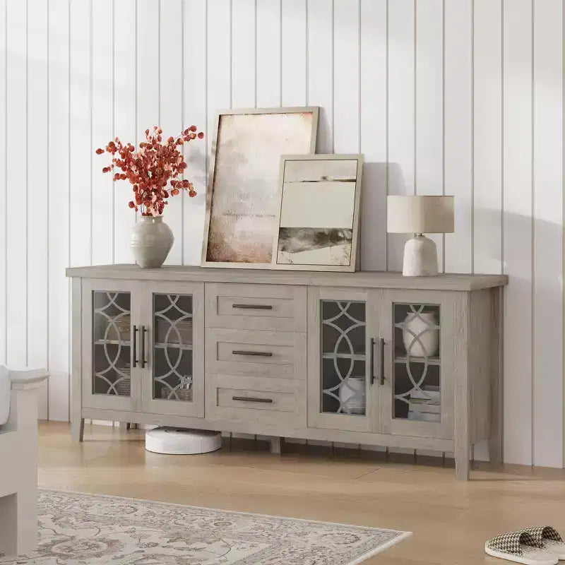 Farmhouse TV Stand for TVs up to 70 Inch, with Glass Doors, 2 Storage Cabinets and 3 Drawers, Console Table with Shelves for Bedroom and Living Room