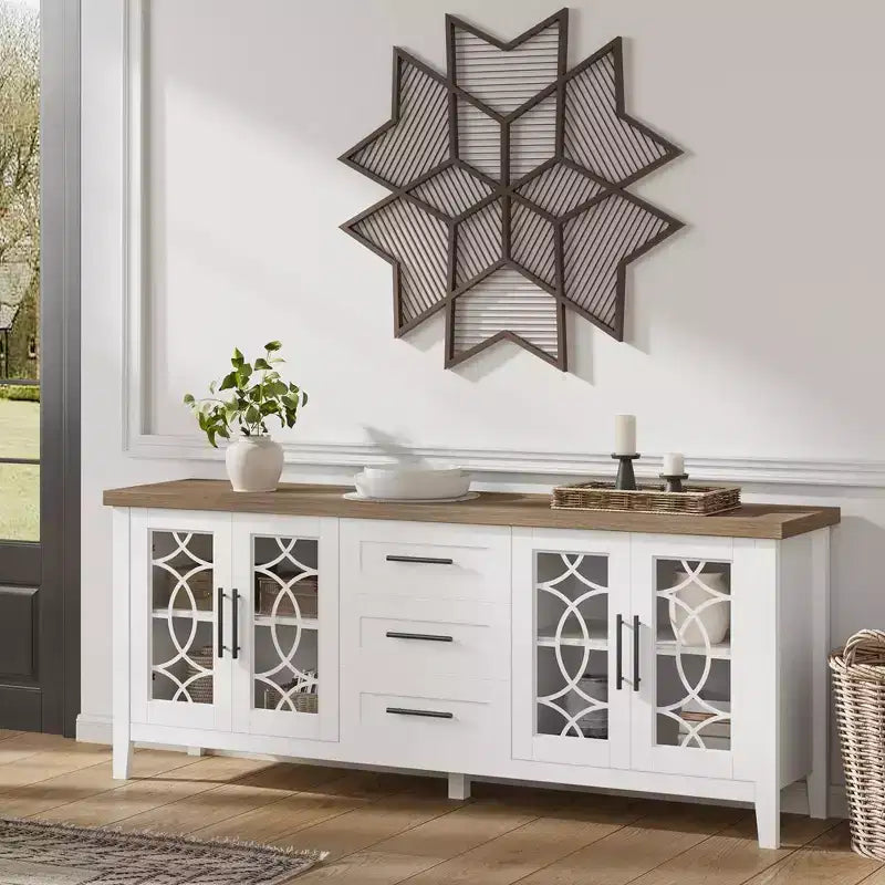 Farmhouse TV Stand for TVs up to 70 Inch, with Glass Doors, 2 Storage Cabinets and 3 Drawers, Console Table with Shelves for Bedroom and Living Room