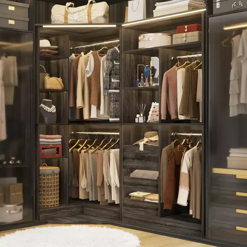Set of 2 Corner Closet System with Tower Shelves and Drawers