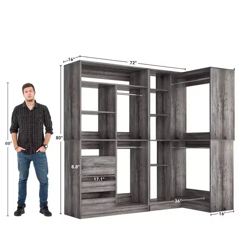 Set of 2 Corner Closet System with Tower Shelves and Drawers