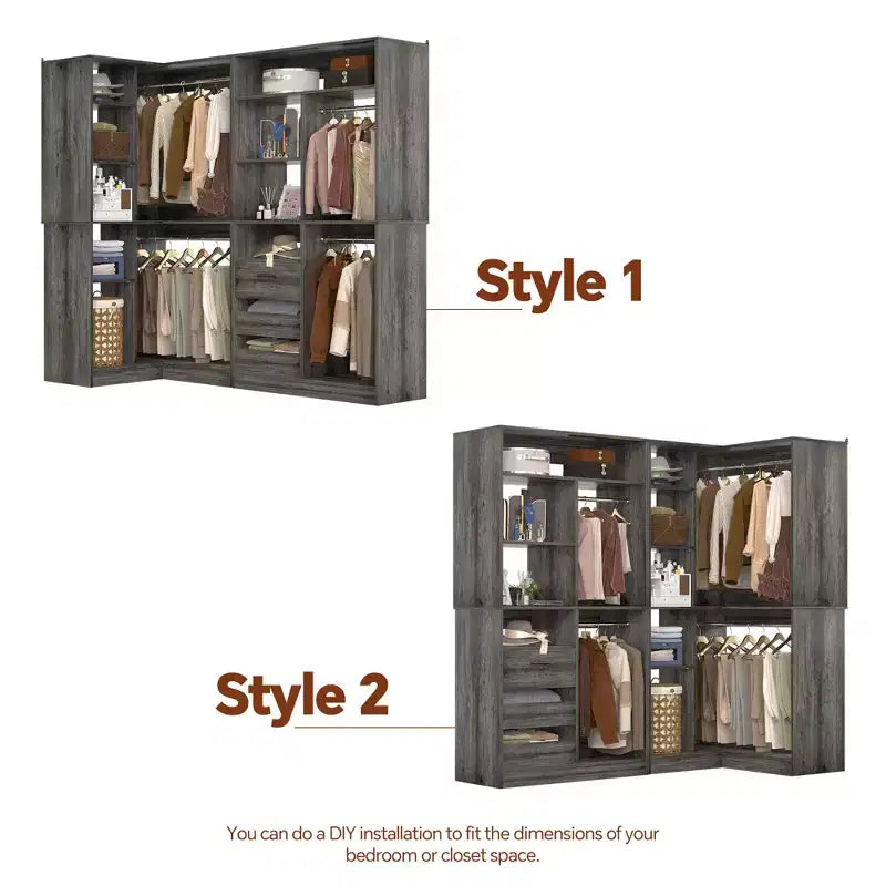 Set of 2 Corner Closet System with Tower Shelves and Drawers