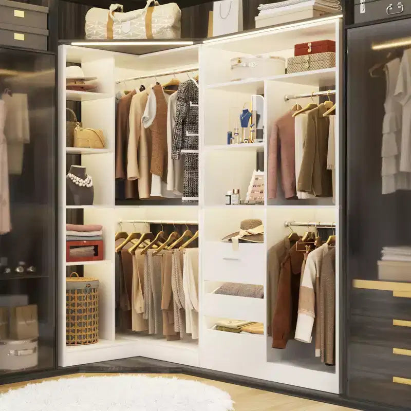 Set of 2 Corner Closet System with Tower Shelves and Drawers