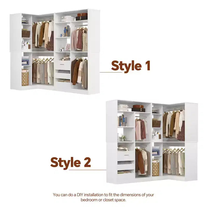 Set of 2 Corner Closet System with Tower Shelves and Drawers