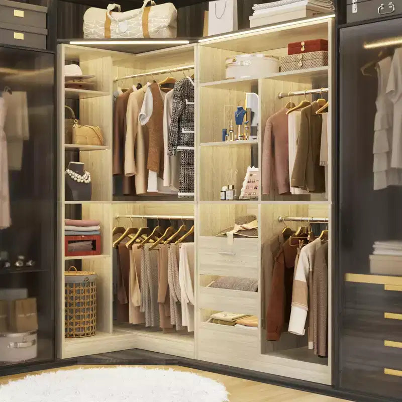 Set of 2 Corner Closet System with Tower Shelves and Drawers