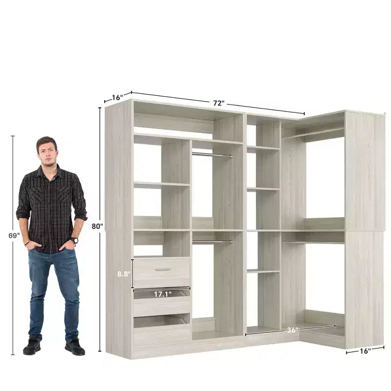 Set of 2 Corner Closet System with Tower Shelves and Drawers
