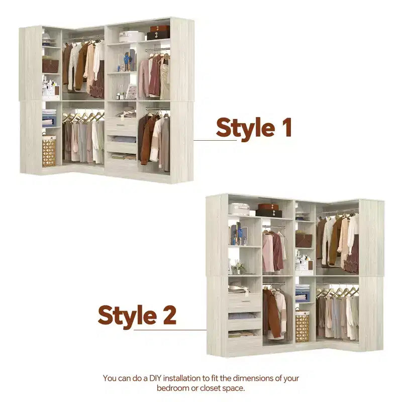 Set of 2 Corner Closet System with Tower Shelves and Drawers