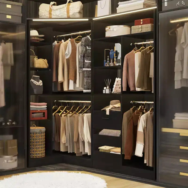Set of 2 Corner Closet System with Tower Shelves and Drawers
