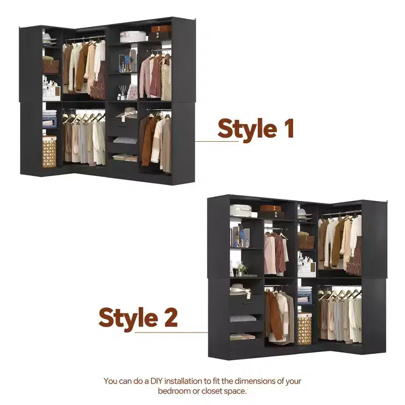 Set of 2 Corner Closet System with Tower Shelves and Drawers