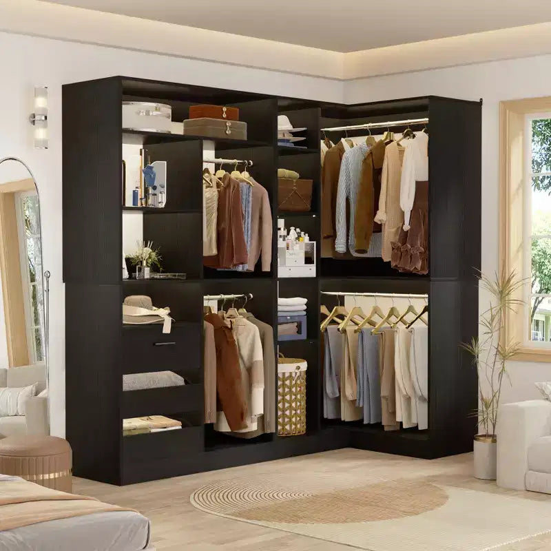 Set of 2 Corner Closet System with Tower Shelves and Drawers