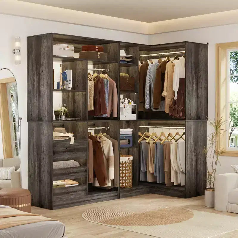 Set of 2 Corner Closet System with Tower Shelves and Drawers