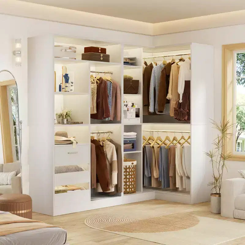 Set of 2 Corner Closet System with Tower Shelves and Drawers
