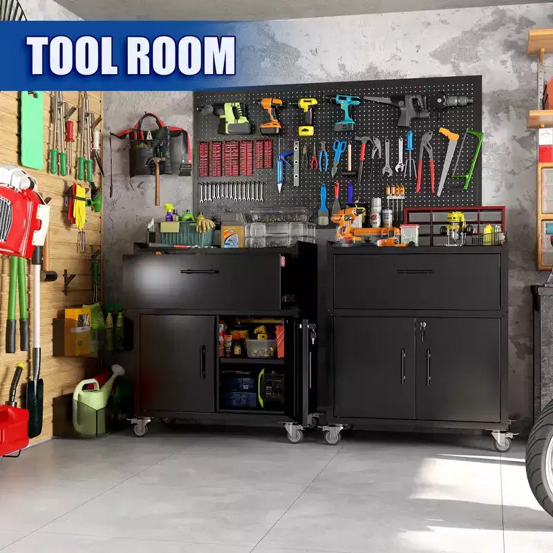 2-Door 1-Drawer Rolling Tool Cabinet with Lock and Adjustable Shelf