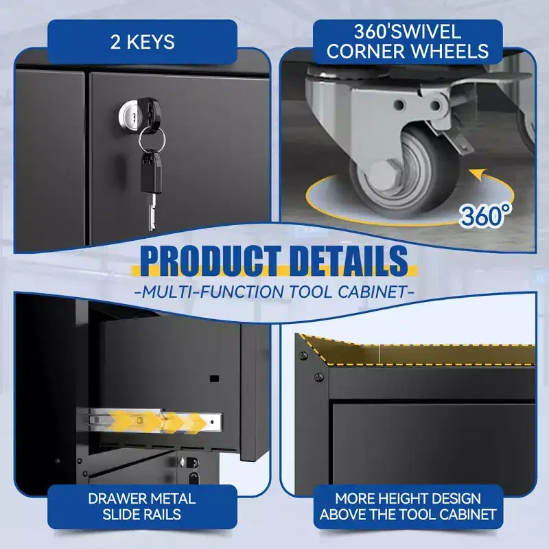 2-Door 1-Drawer Rolling Tool Cabinet with Lock and Adjustable Shelf