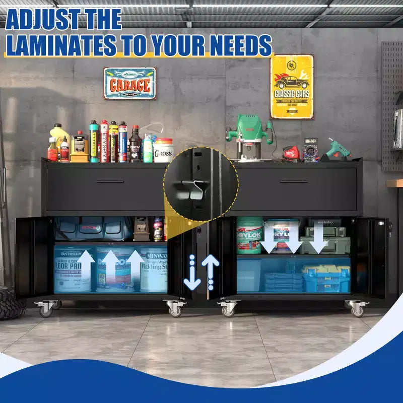 2-Door 1-Drawer Rolling Tool Cabinet with Lock and Adjustable Shelf