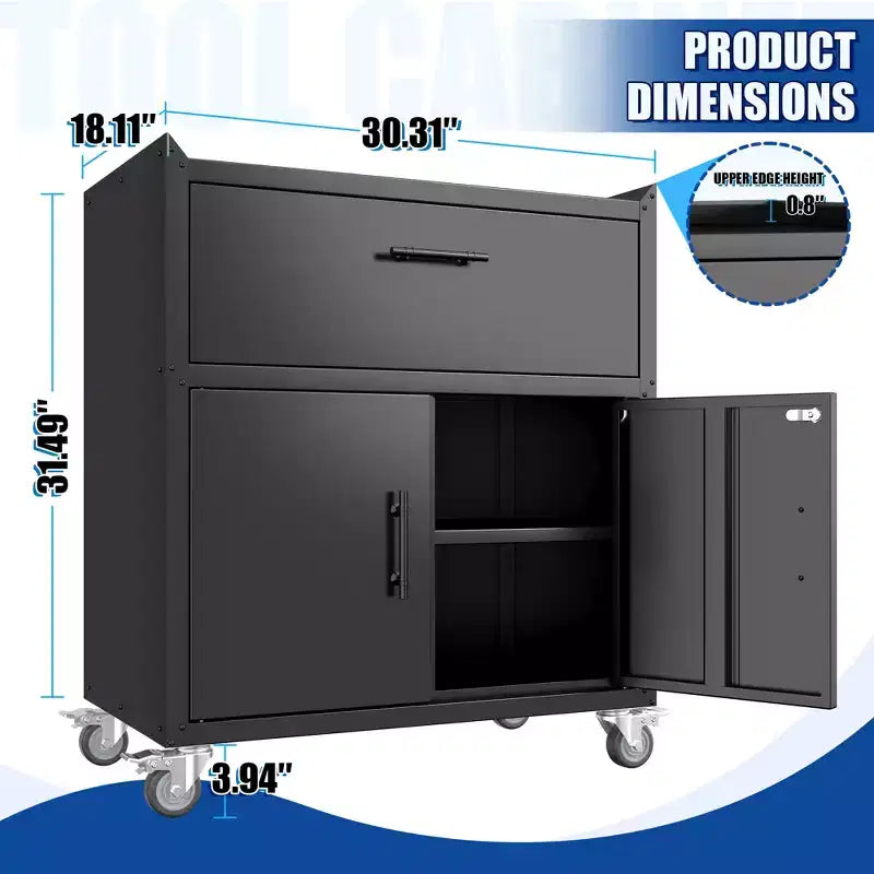 2-Door 1-Drawer Rolling Tool Cabinet with Lock and Adjustable Shelf