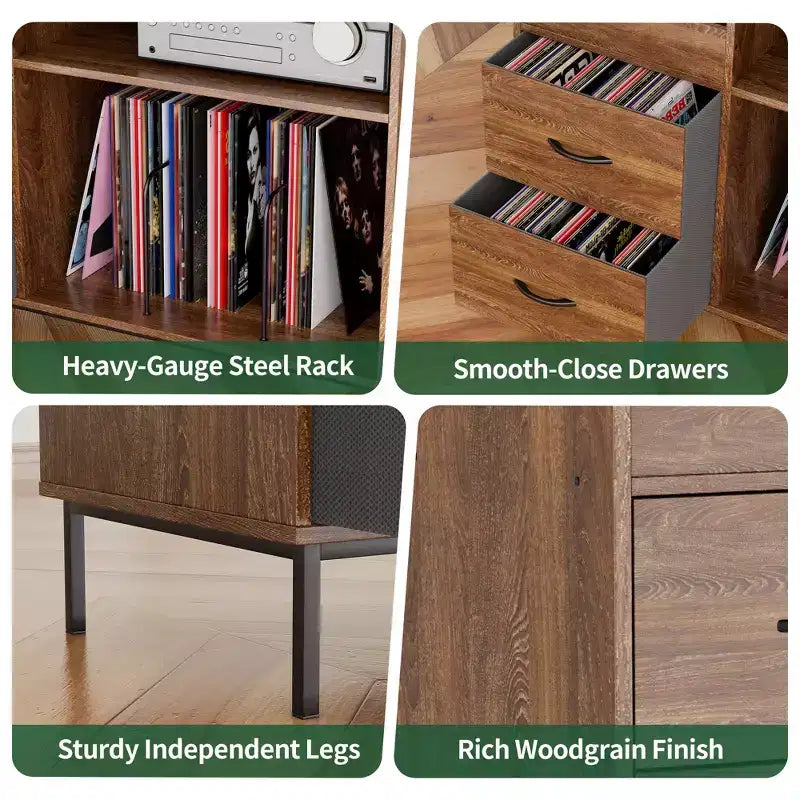 Record Player Stand with Storage – Mid-Century Style, Holds 500+ Albums