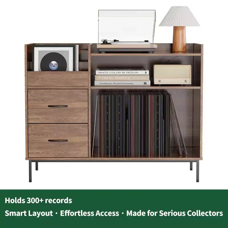 Record Player Stand with Storage – Mid-Century Style, Holds 500+ Albums