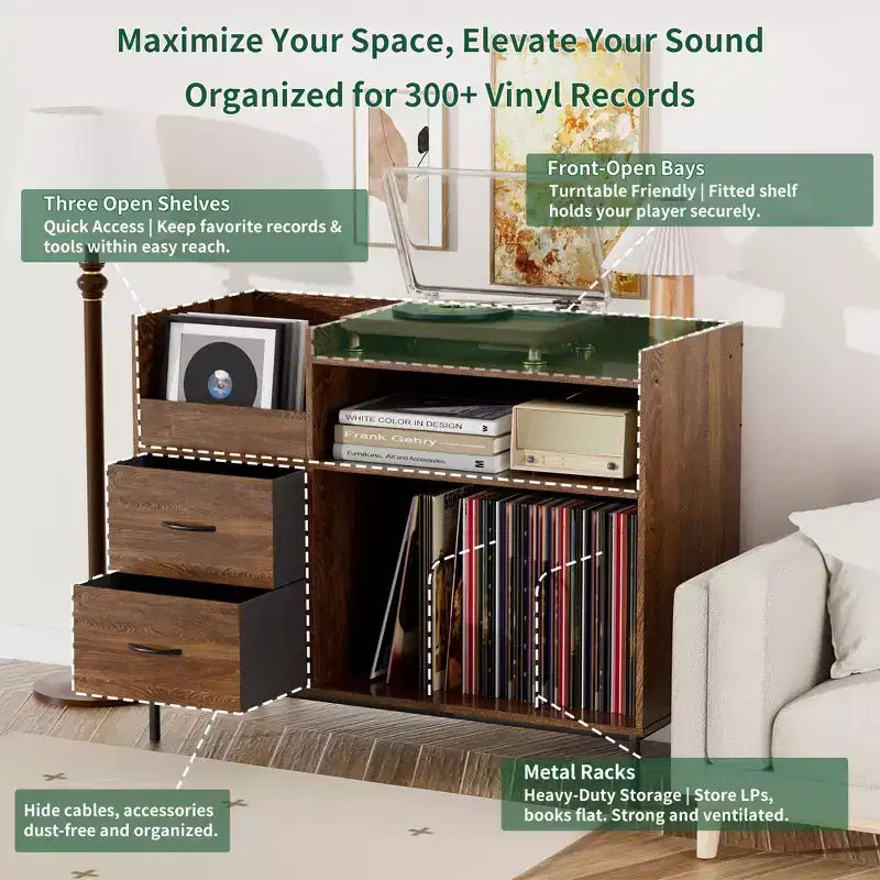 Record Player Stand with Storage – Mid-Century Style, Holds 500+ Albums