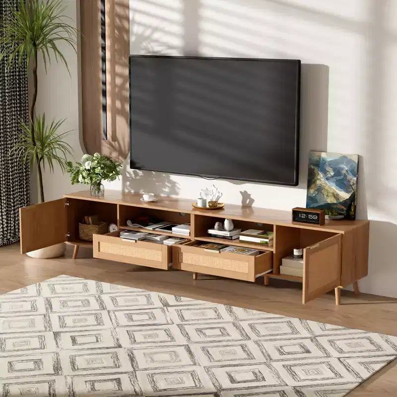 86-Inch TV Stand with Rattan Doors and Solid Wood Legs