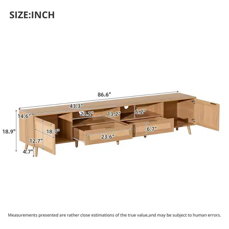 86-Inch TV Stand with Rattan Doors and Solid Wood Legs