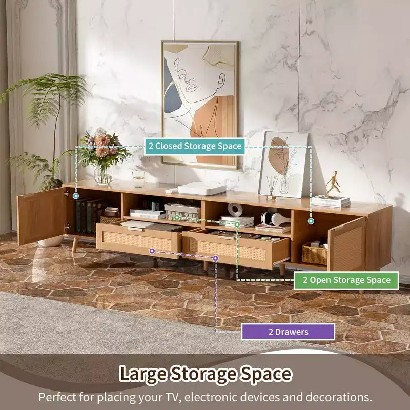 86-Inch TV Stand with Rattan Doors and Solid Wood Legs