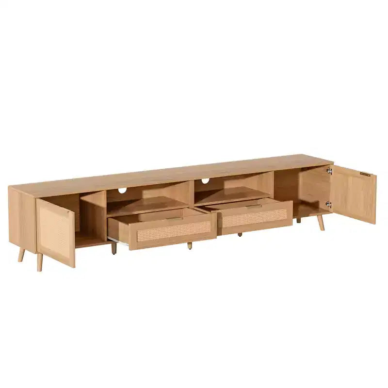 86-Inch TV Stand with Rattan Doors and Solid Wood Legs
