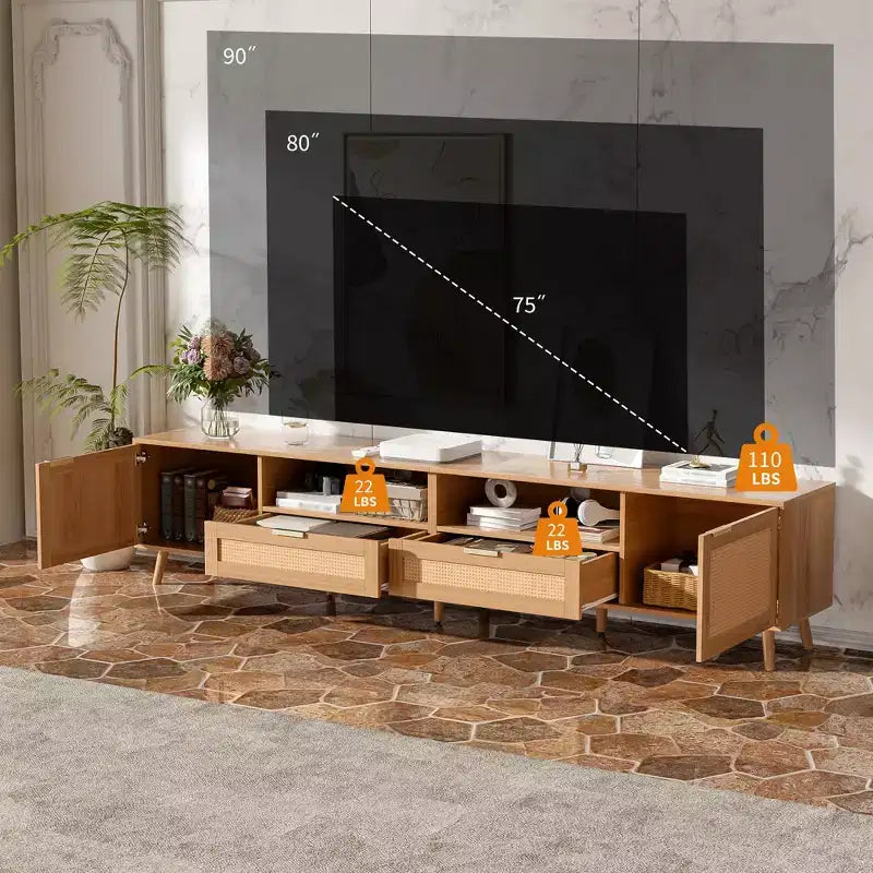86-Inch TV Stand with Rattan Doors and Solid Wood Legs