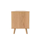 Meuble TV de 86 pouces avec portes en rotin et pieds en bois massif