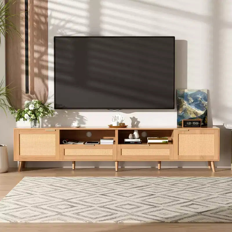 86-Inch TV Stand with Rattan Doors and Solid Wood Legs