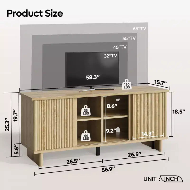 58" TV Stand with Sliding Fluted Doors and Adjustable Shelves for TVs up to 65"