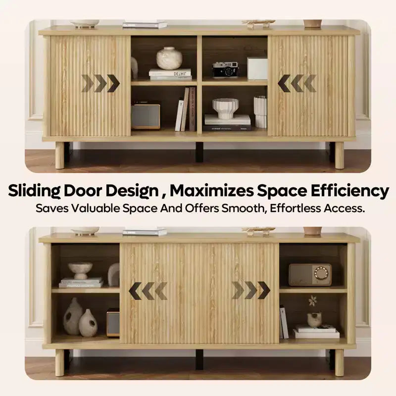 58" TV Stand with Sliding Fluted Doors and Adjustable Shelves for TVs up to 65"