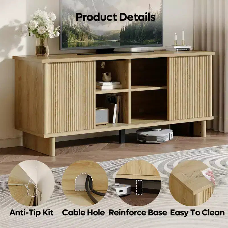58" TV Stand with Sliding Fluted Doors and Adjustable Shelves for TVs up to 65"