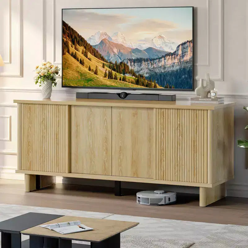 58" TV Stand with Sliding Fluted Doors and Adjustable Shelves for TVs up to 65"