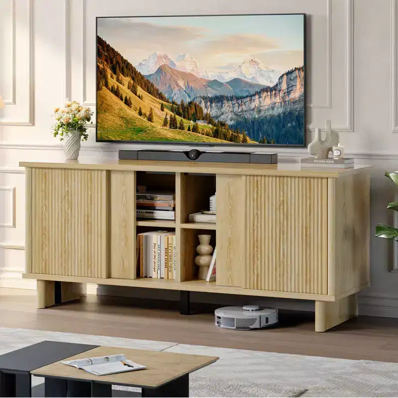 58" TV Stand with Sliding Fluted Doors and Adjustable Shelves for TVs up to 65"