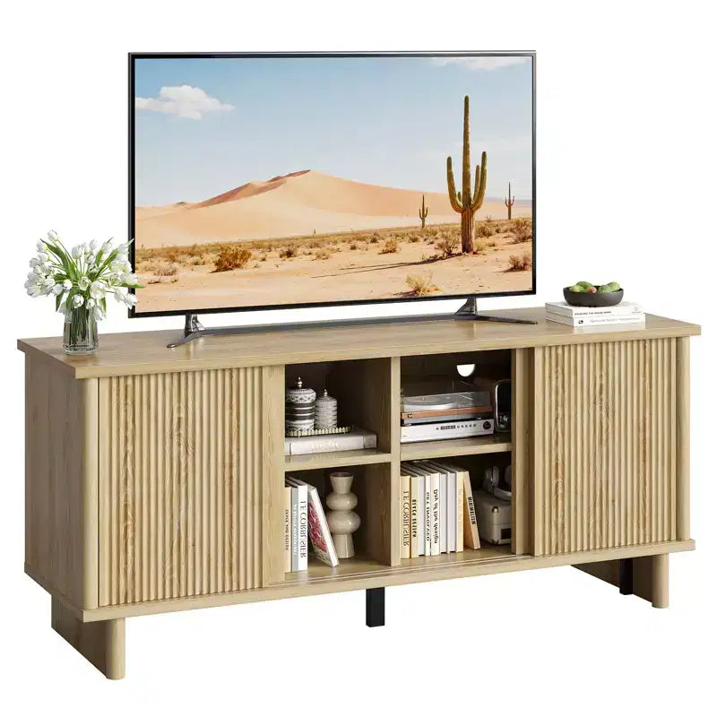 58" TV Stand with Sliding Fluted Doors and Adjustable Shelves for TVs up to 65"