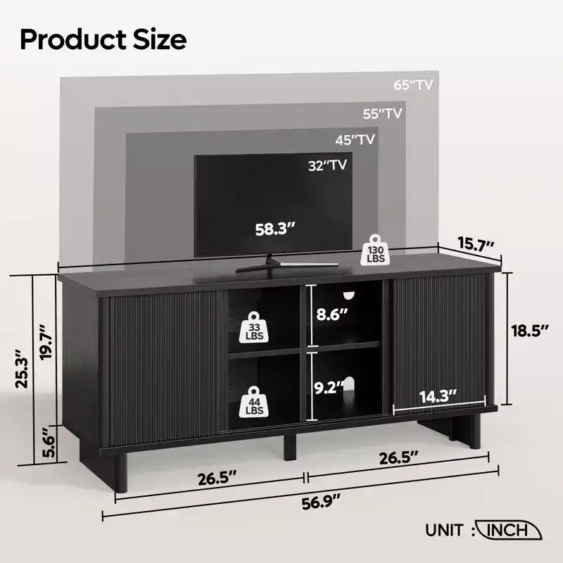 58" TV Stand with Sliding Fluted Doors and Adjustable Shelves for TVs up to 65"