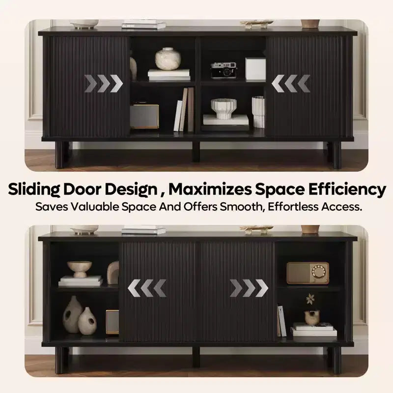58" TV Stand with Sliding Fluted Doors and Adjustable Shelves for TVs up to 65"