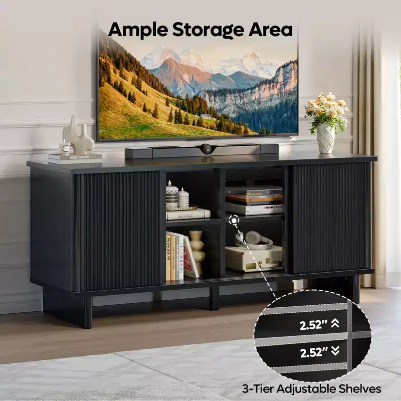 58" TV Stand with Sliding Fluted Doors and Adjustable Shelves for TVs up to 65"