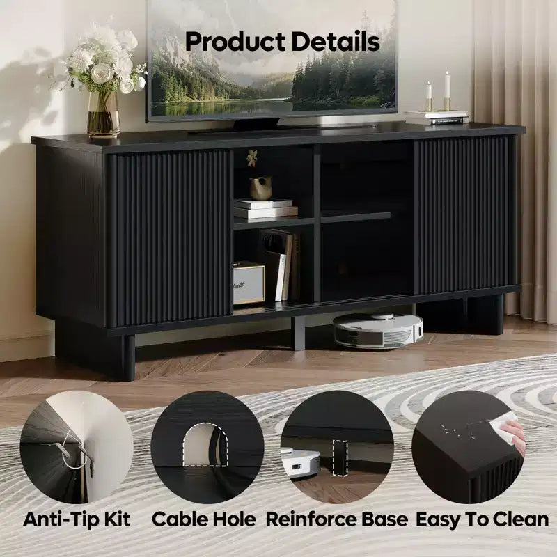 58" TV Stand with Sliding Fluted Doors and Adjustable Shelves for TVs up to 65"