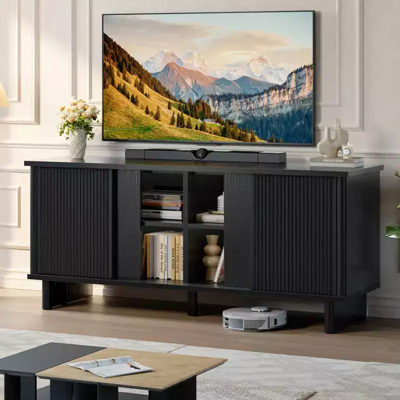 58" TV Stand with Sliding Fluted Doors and Adjustable Shelves for TVs up to 65"
