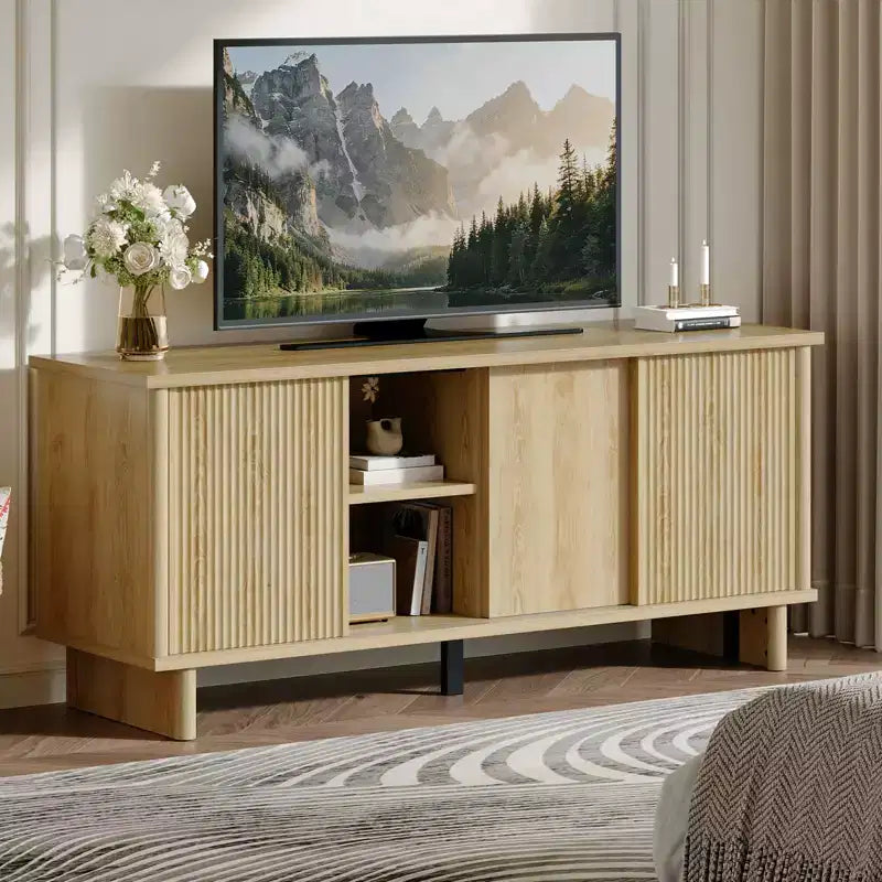 58" TV Stand with Sliding Fluted Doors and Adjustable Shelves for TVs up to 65"
