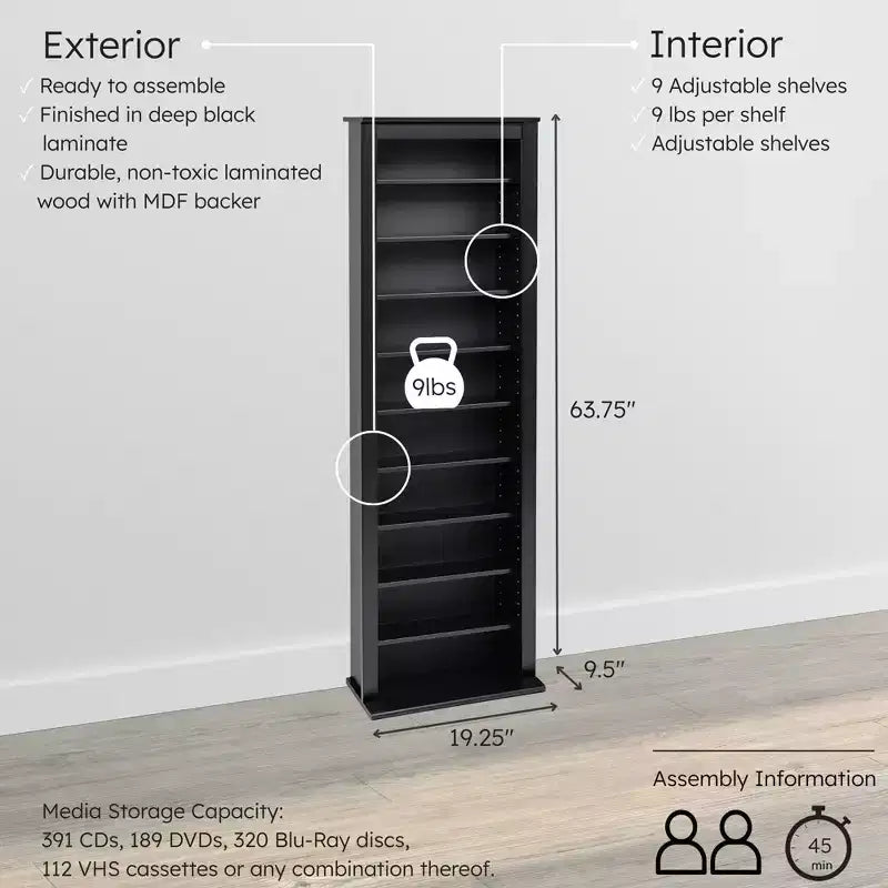 Slim Barrister Tower – Black Media Storage Cabinet with Adjustable Shelves