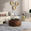 34" Darian Round Coffee Table Pouf Distressed Brown - WyndenHall: Genuine Buffalo Leather, No Assembly Required