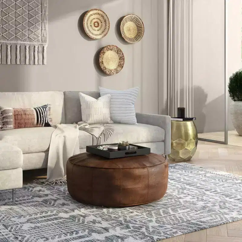 34" Darian Round Coffee Table Pouf Distressed Brown - WyndenHall: Genuine Buffalo Leather, No Assembly Required