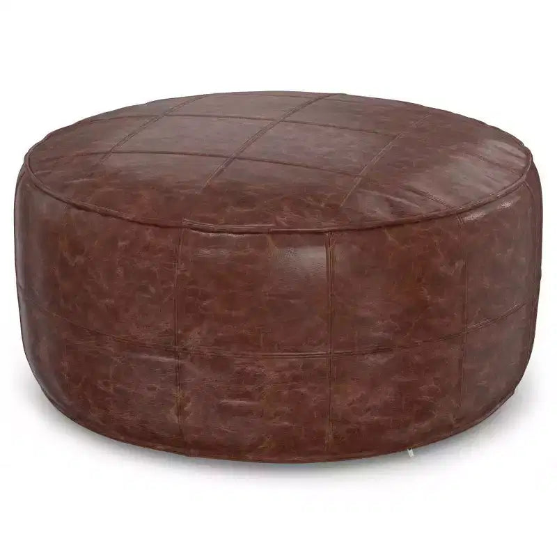 34" Round Leather Ottoman Pouf – Distressed Brown, Genuine Buffalo Leather