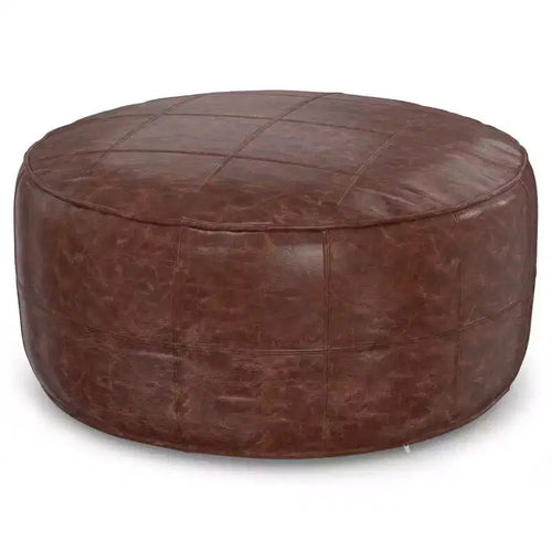 Pouf rond en cuir de 34 po – Cuir de buffle véritable marron vieilli