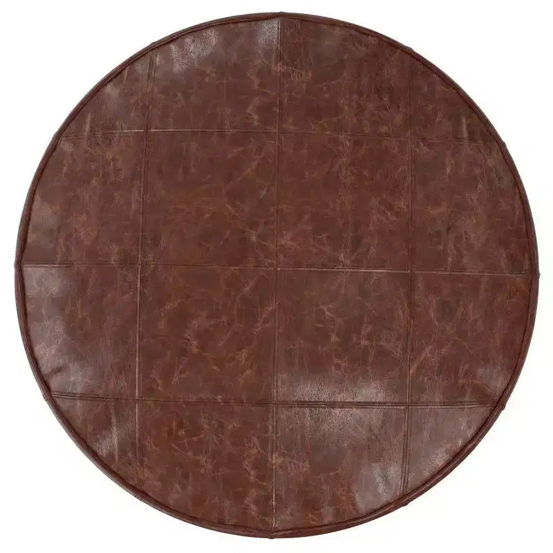 34" Round Leather Ottoman Pouf – Distressed Brown, Genuine Buffalo Leather