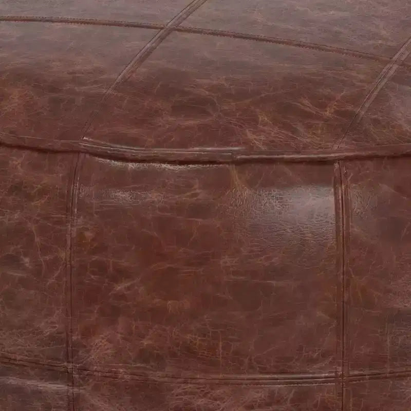 34" Round Leather Ottoman Pouf – Distressed Brown, Genuine Buffalo Leather